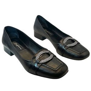 Brighton womans black leather shoes pumps 9 silver heels capsule career witch